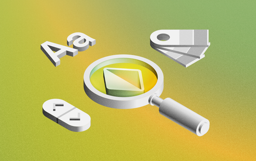 Brand visual showing magnifying glass and tokens