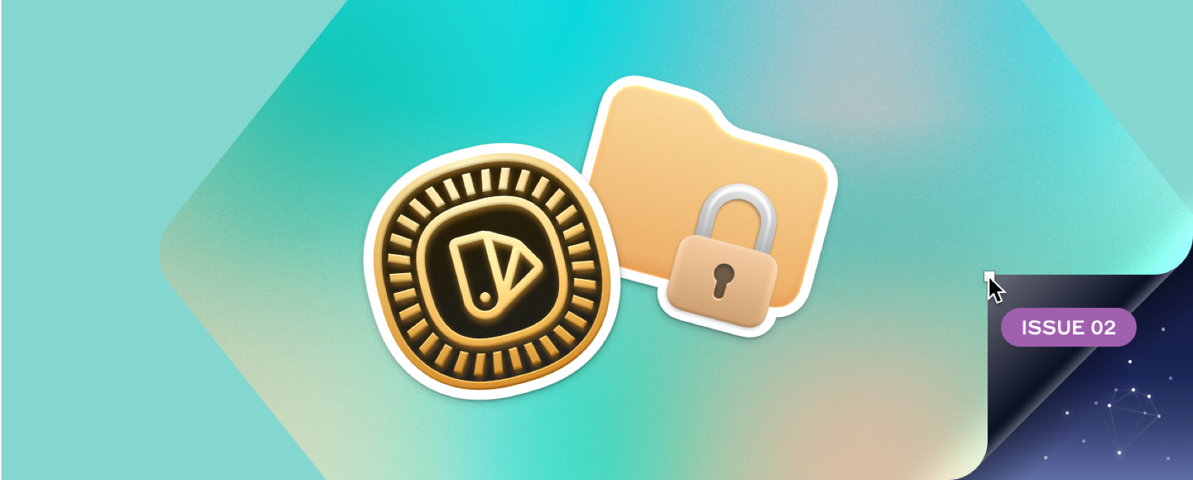 Brand visual with teal and coin composition