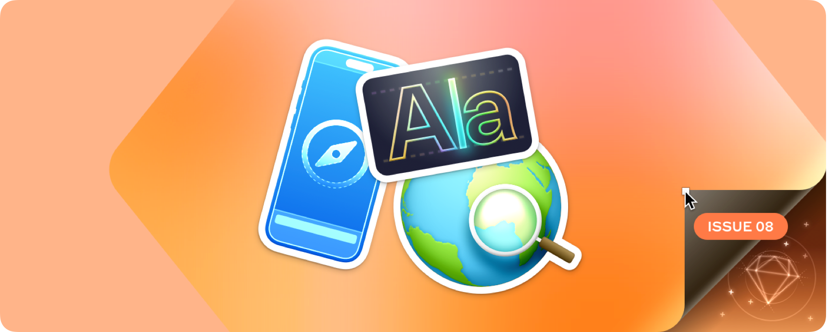 Brand visual with orange gradient and app cards