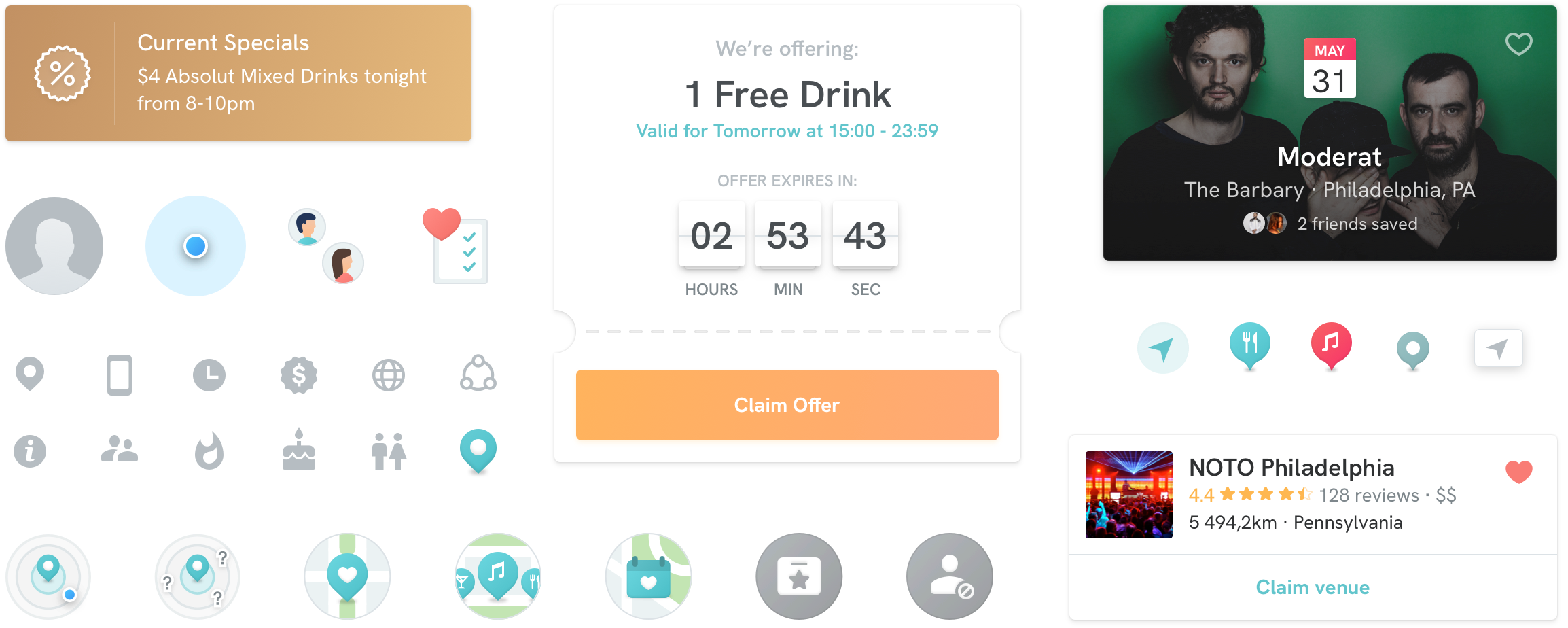 Clinky interface details including offers, icons, and event cards