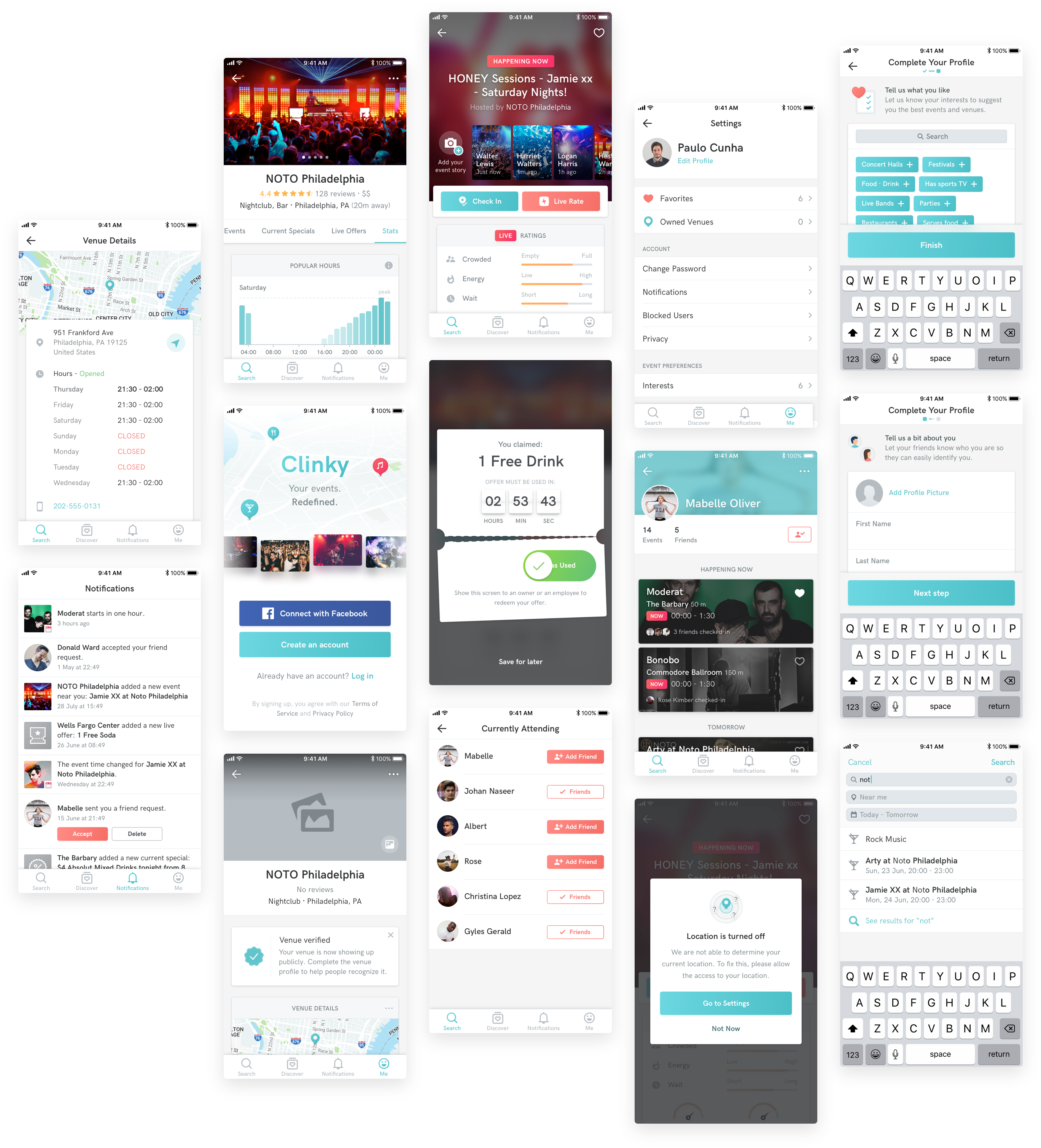 Clinky mobile product system showing multiple app screens and flows